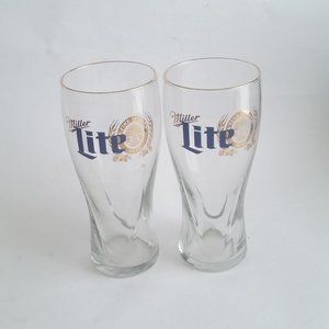 Pair of Pint Glasses Miller Lite Gold Rimmed Beer PIlsner Ale